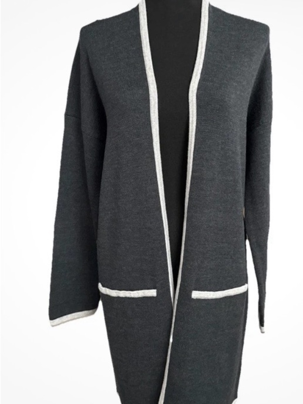 Eileen Fisher Charcoal Open-Front merino wool Cardigan with Cream Trim